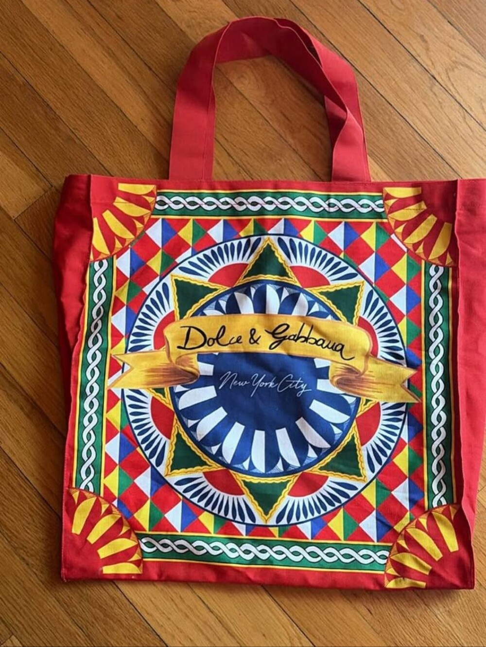 DOLCE & GABBANA Limited Edition NYC Carretto Print Red Canvas Shopping Tote Bag